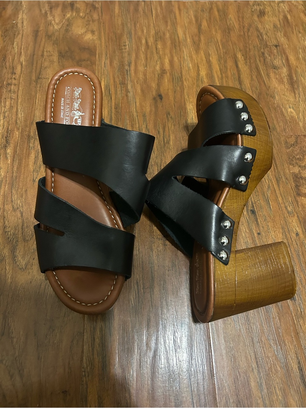 Black Leather Silver Studded Wood Platform Mules Slide-On Hippie Y2K Boho 90s - Picture 14 of 16